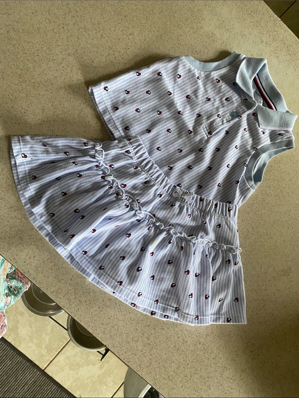 Tommy Hilfiger Light Blue Striped Dress with Tiny Red Hearts